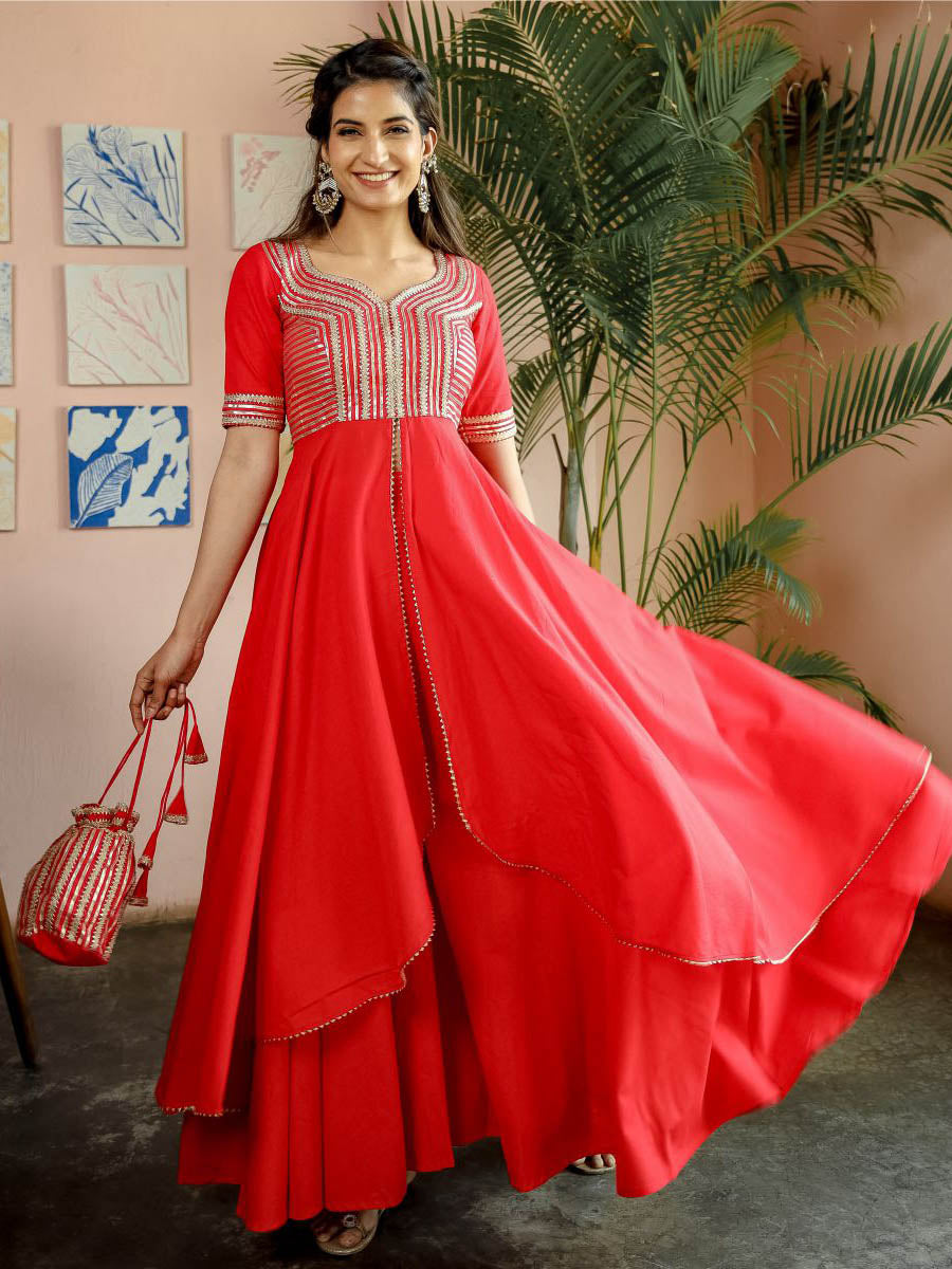 Red Kurta Palazzo Cotton Set
