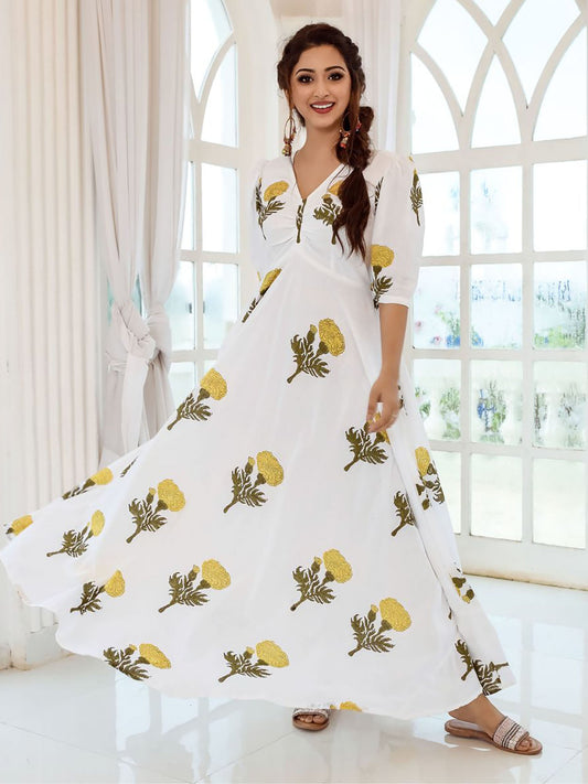 White Printed Poppy Dress