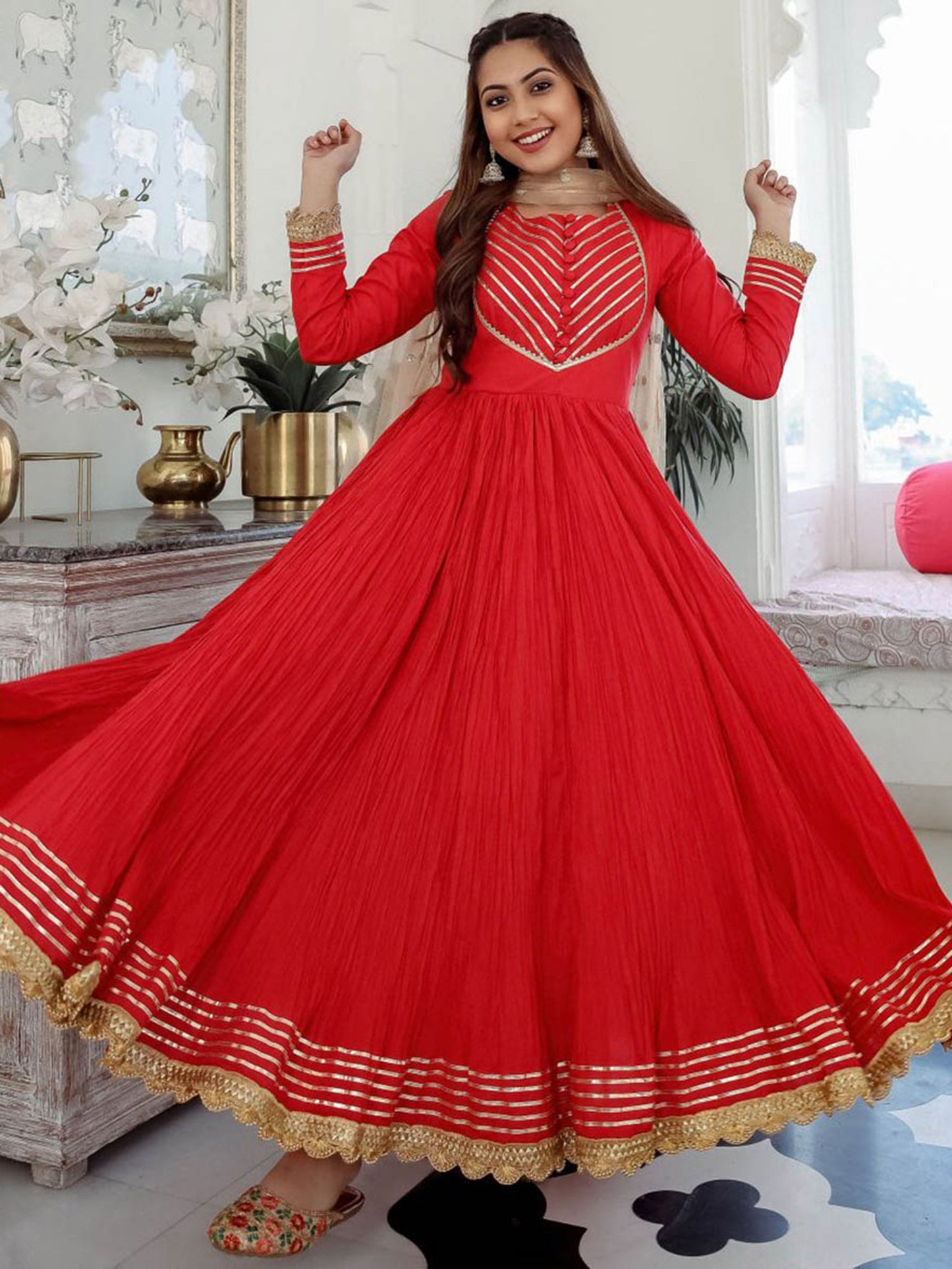 Red Cotton Crushed Anarkali Set