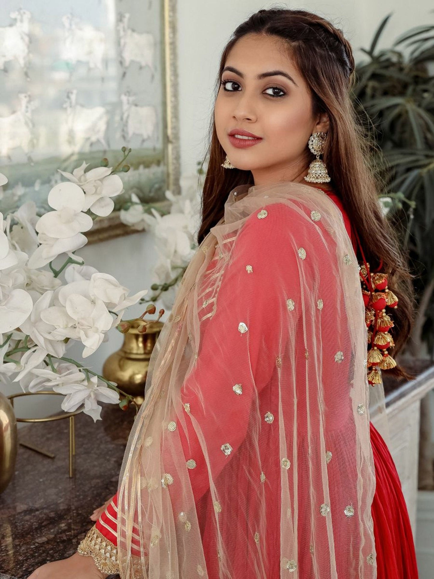 Red Cotton Crushed Anarkali Set