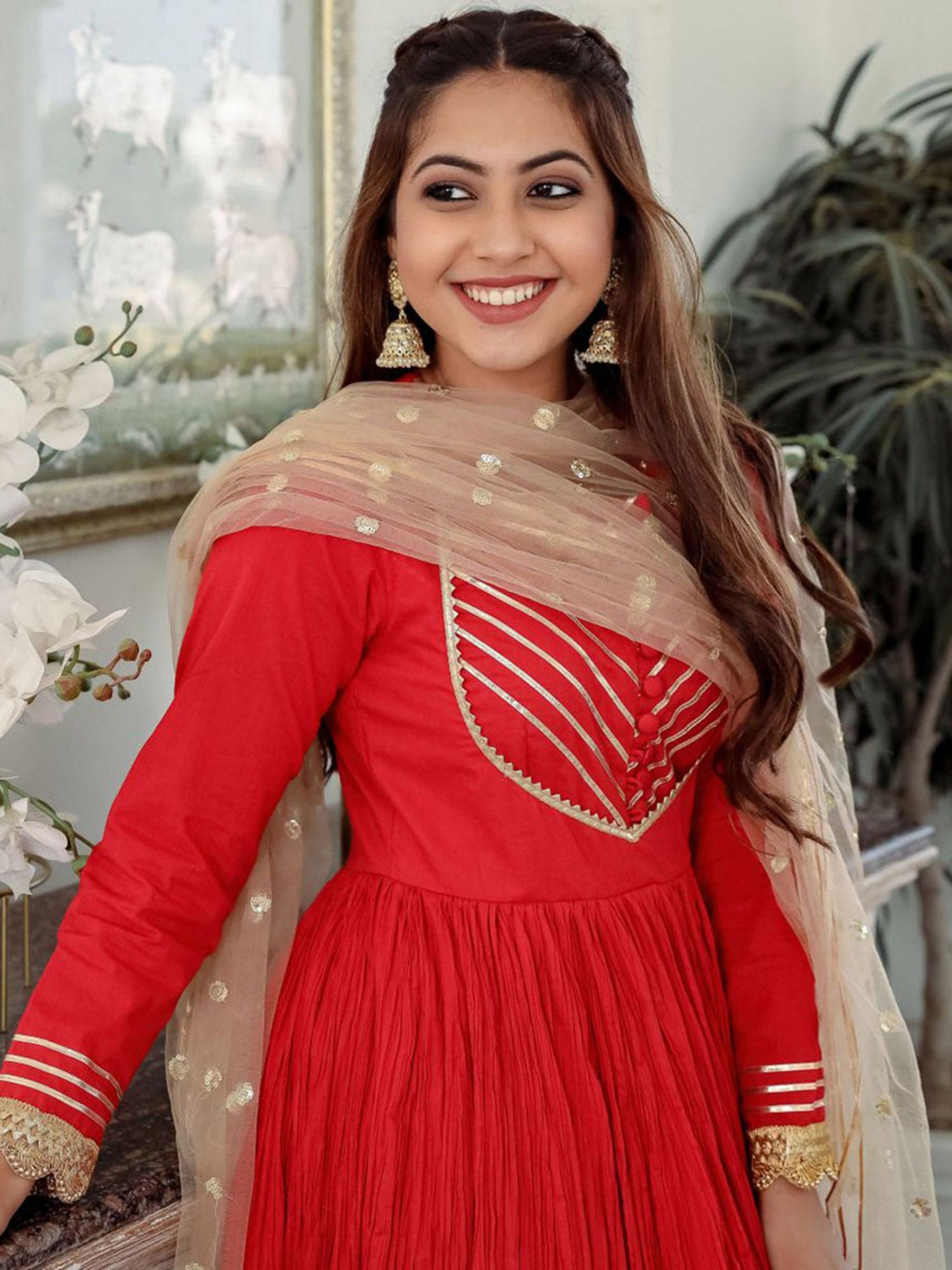 Red Cotton Crushed Anarkali Set