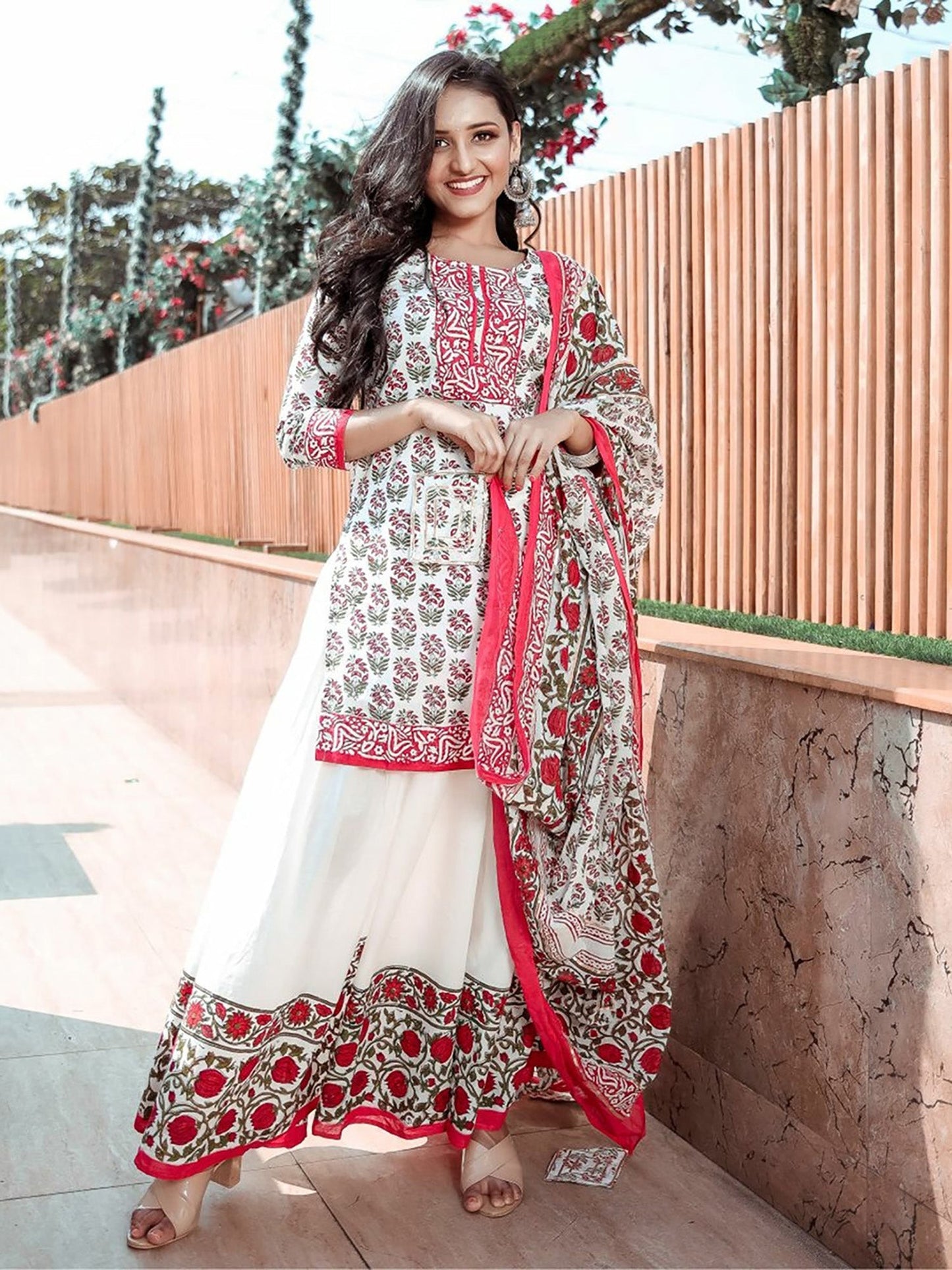 White Block Print Kurta Palazzo Set