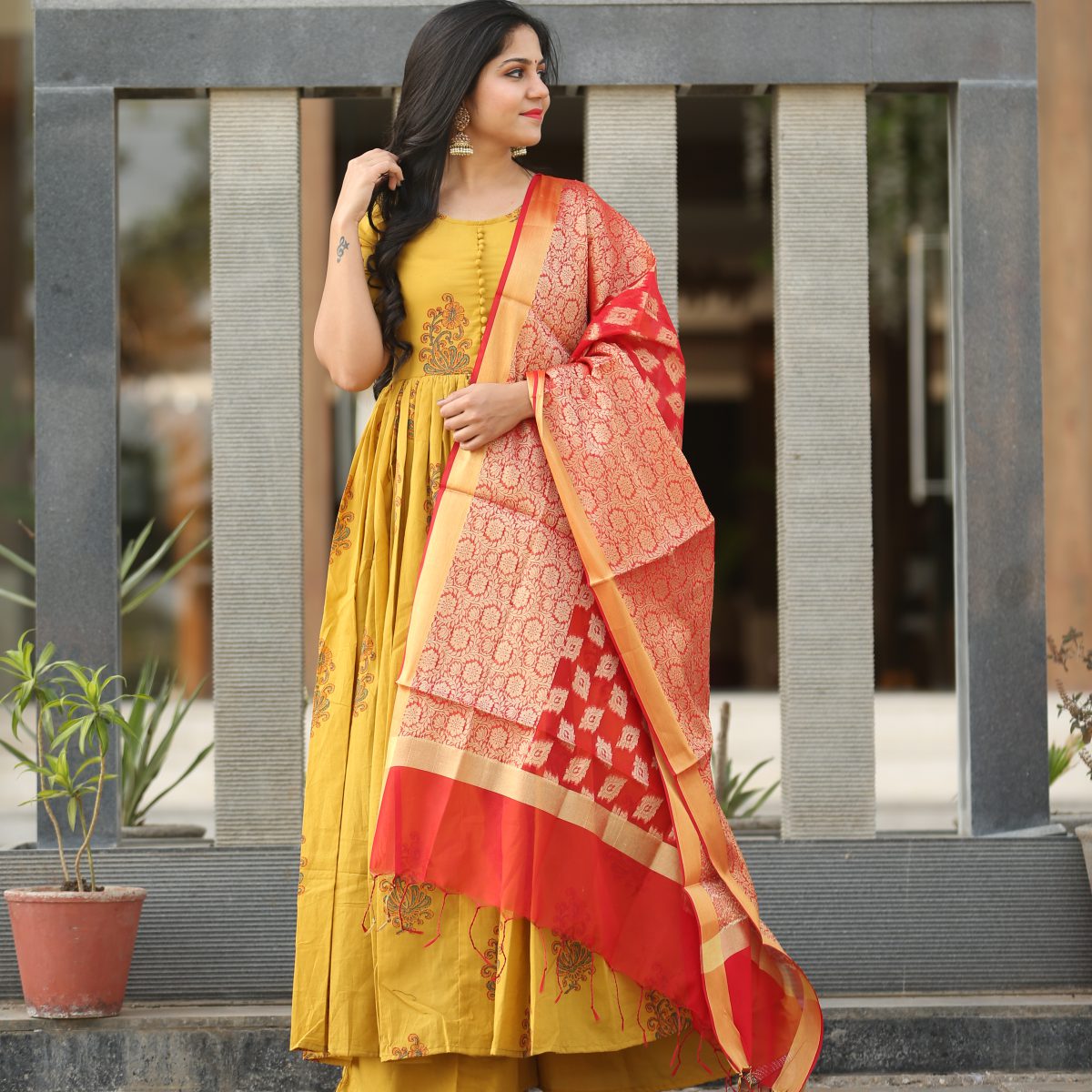 Yellow Anarkali Block Print Suit