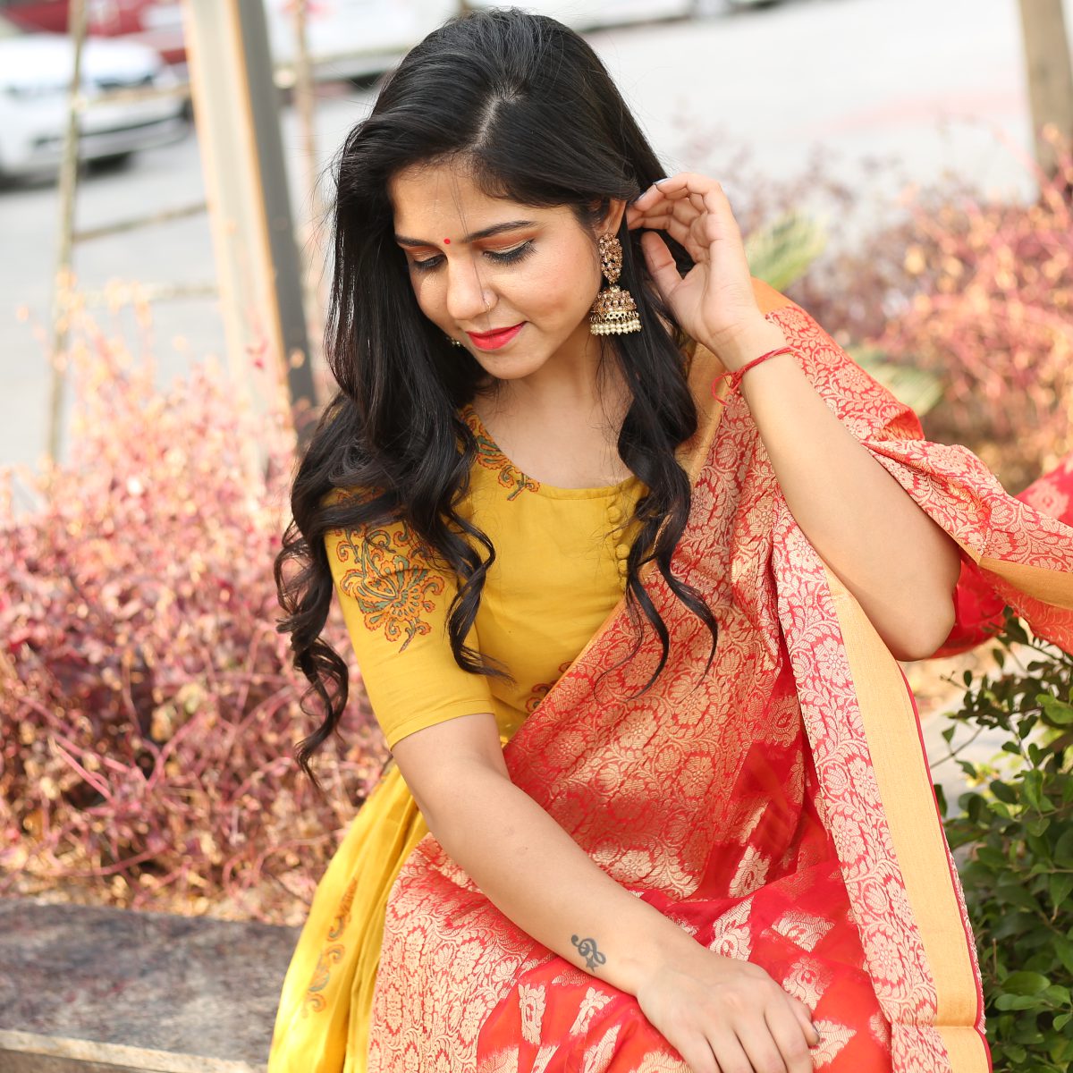 Yellow Anarkali Block Print Suit