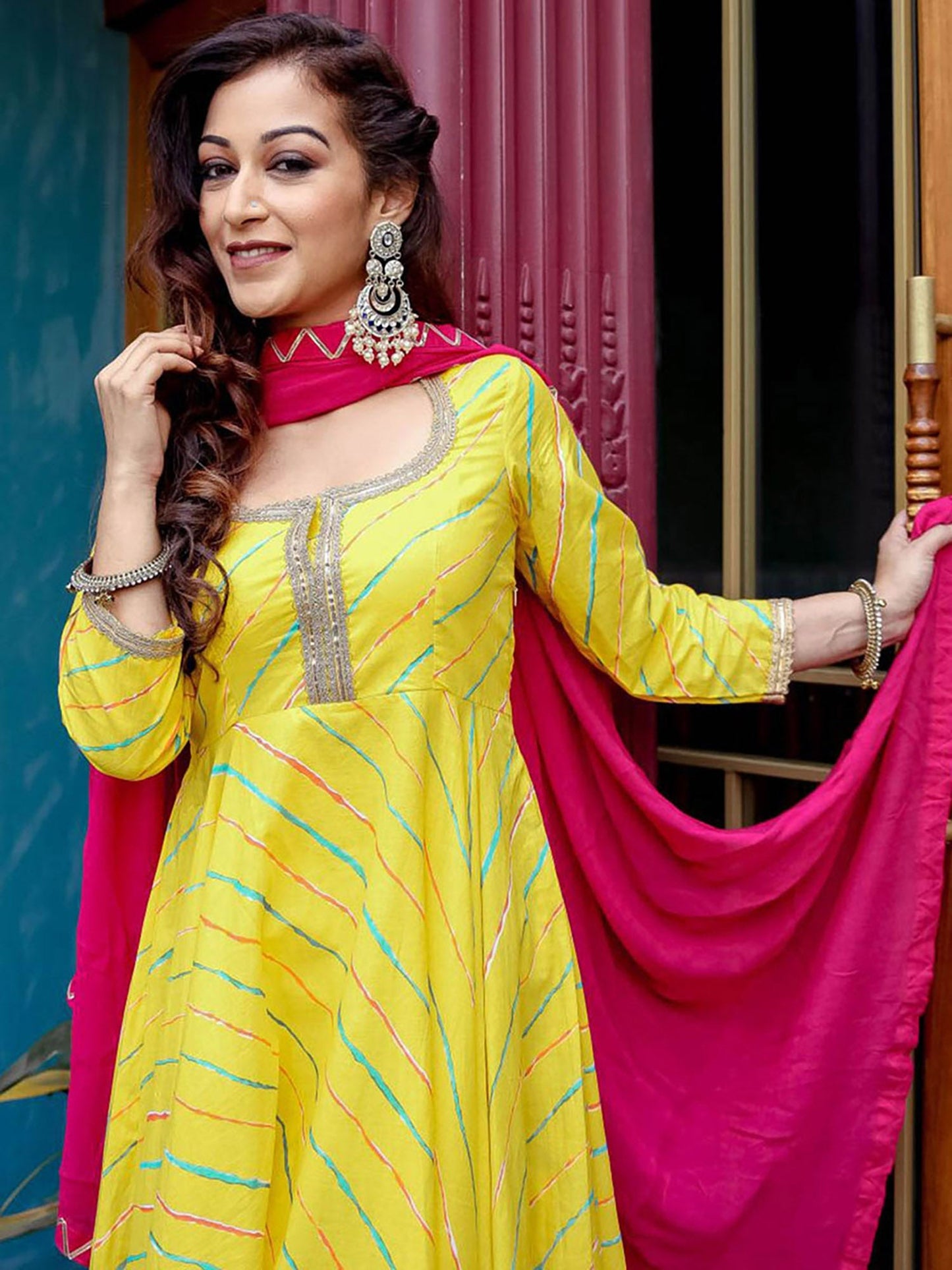 Yellow Leheriya Anarkali Suit Set