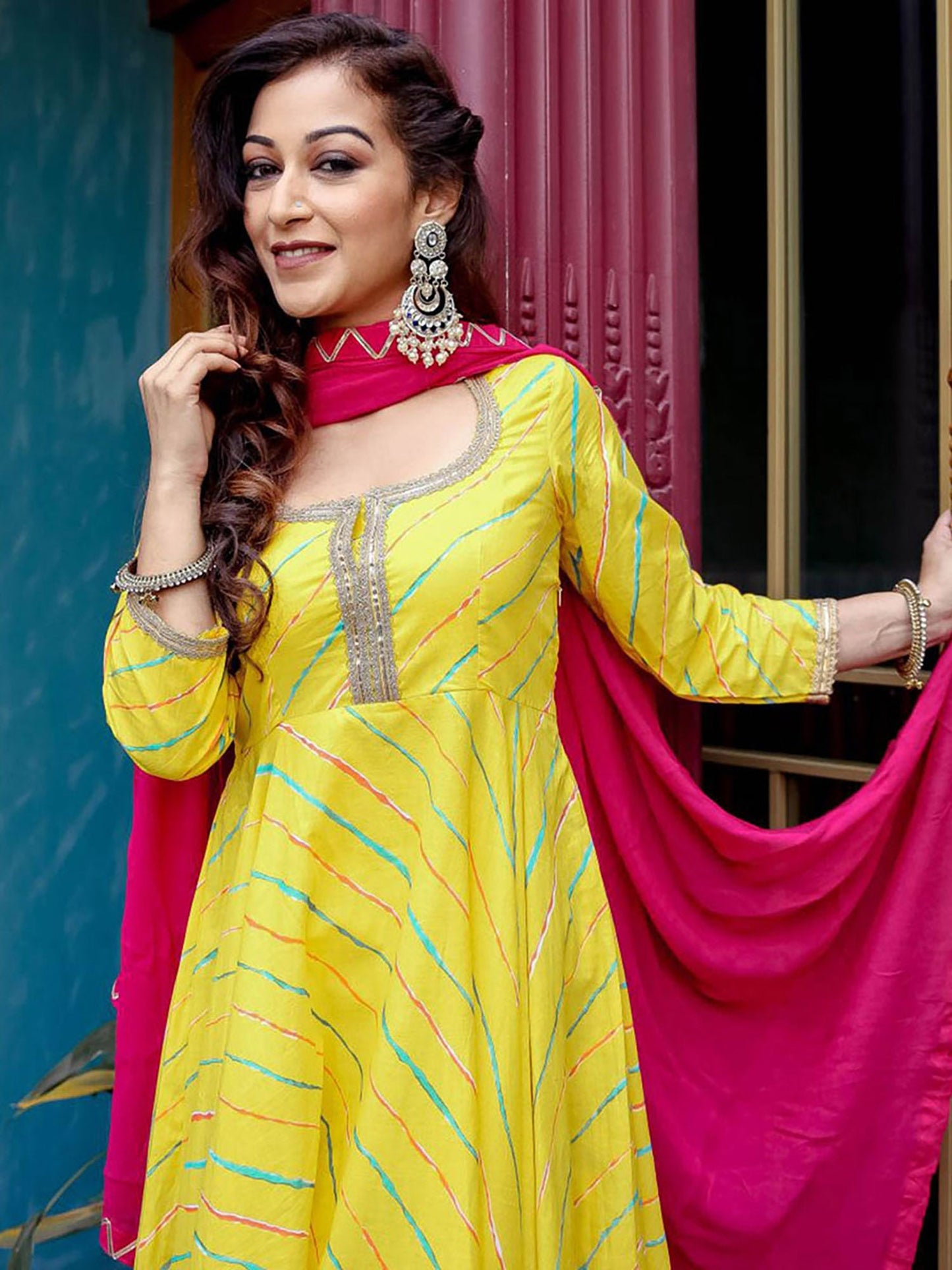 Yellow Leheriya Anarkali Suit Set