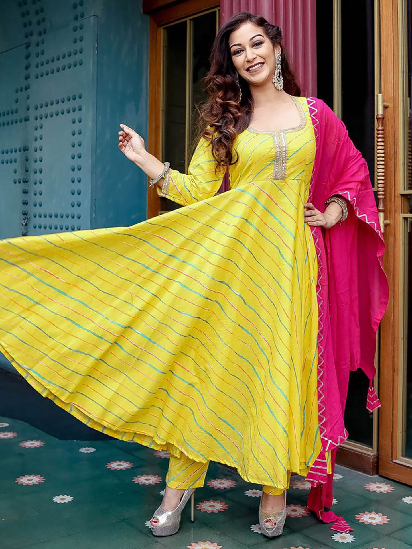 Yellow Leheriya Anarkali Suit Set